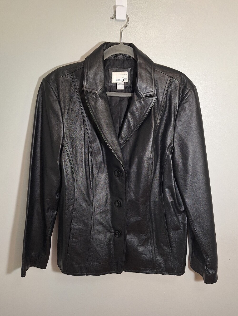 East 5th Genuine Leather Black Mid Length Jacket Blazer Button Up Pockets Wms XL